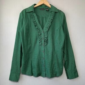 Ruffled Gingham Shirt Size M Green Black Button Up Preppy Twee Office Romantic